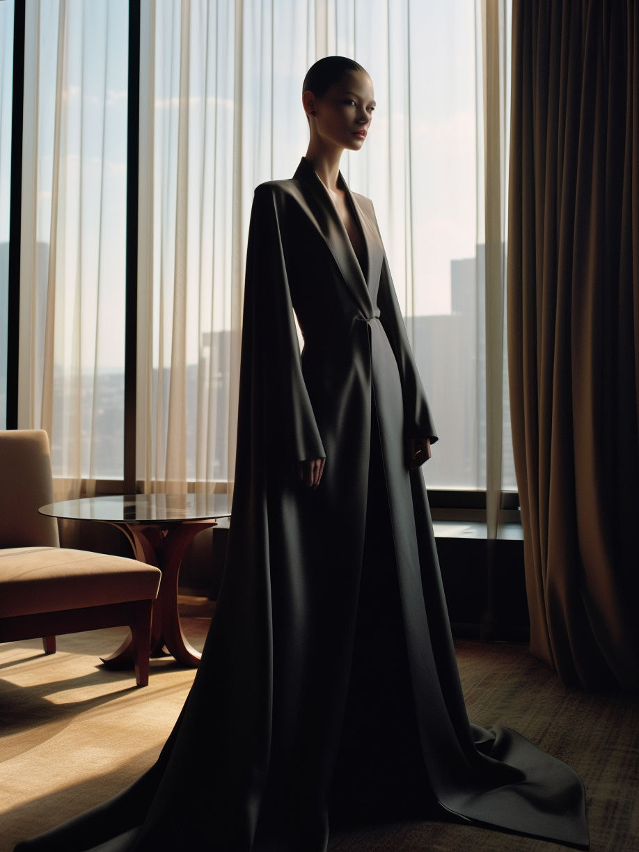 AI generated: Midjourney prompt: a woman standing in a room next to a table, vman m... (Midjourney - Photography)