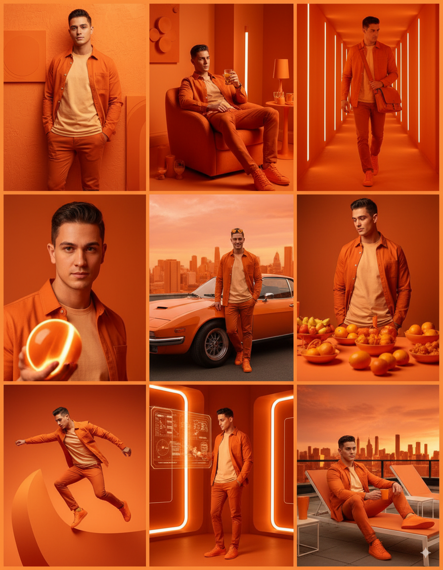AI generated: ChatGPT Image prompt: A collage of 9 editorial-style photos with an oran... (ChatGPT Image - Fashion)