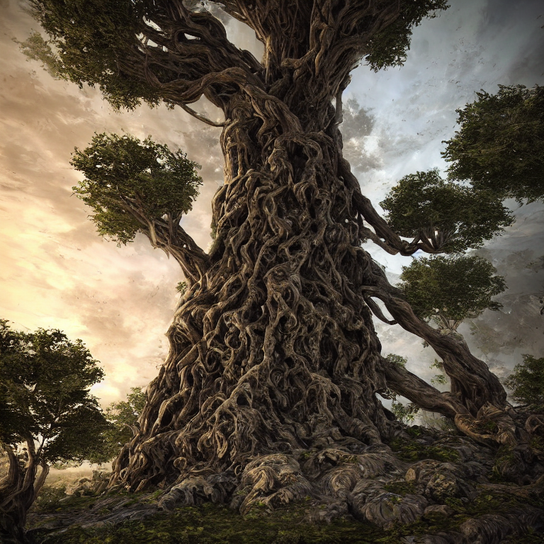 Stable Diffusion prompt: a majestic colossal ancient tree...