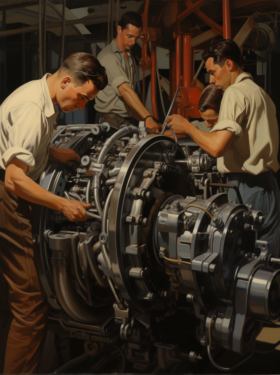 AI generated: Midjourney prompt: A group of workers working on an engine in the sty... (Midjourney - Concept Art)