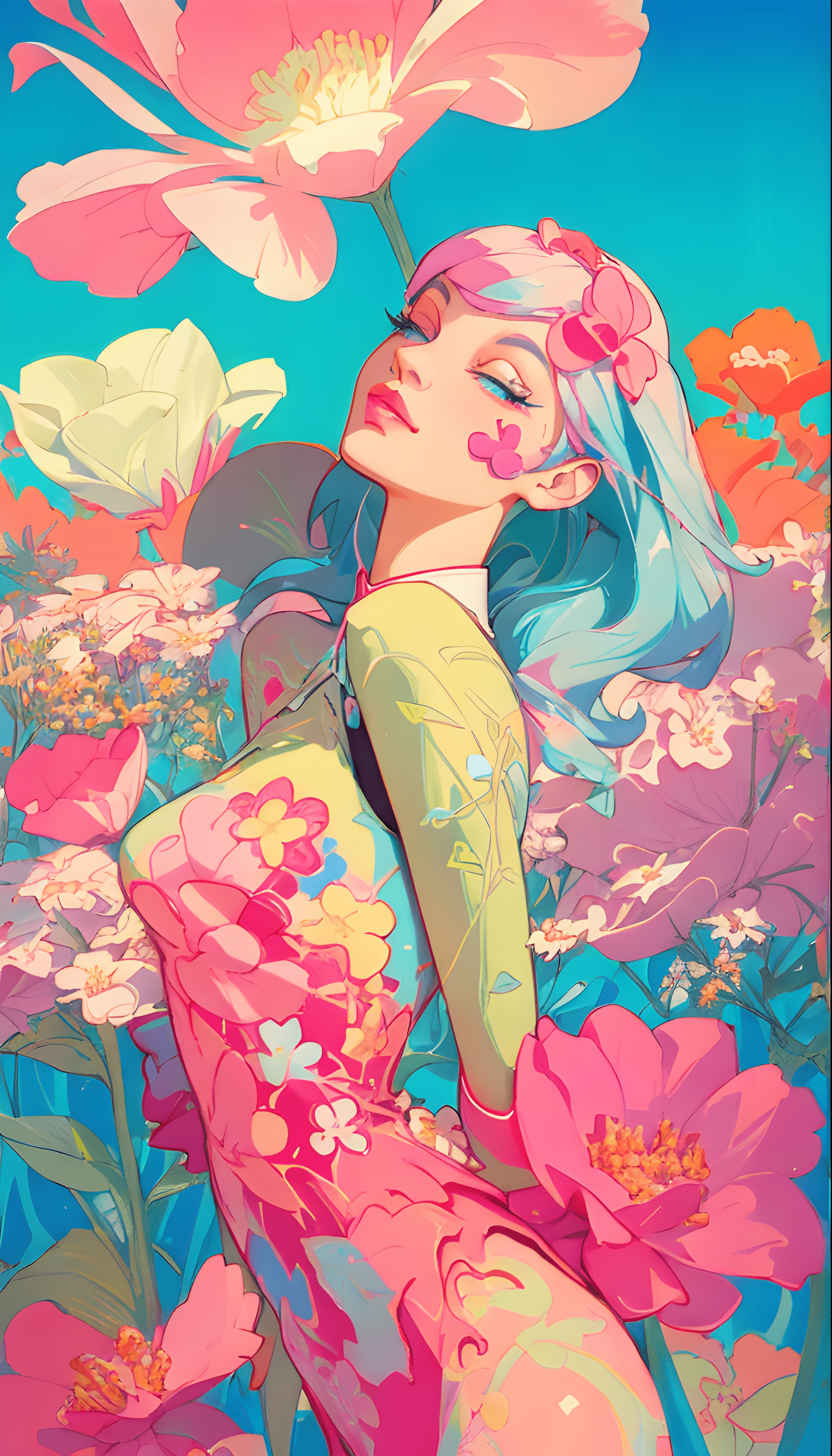 DreamShaper prompt: a painting of a woman surrounded by flowers, digit... - DreamShaper
