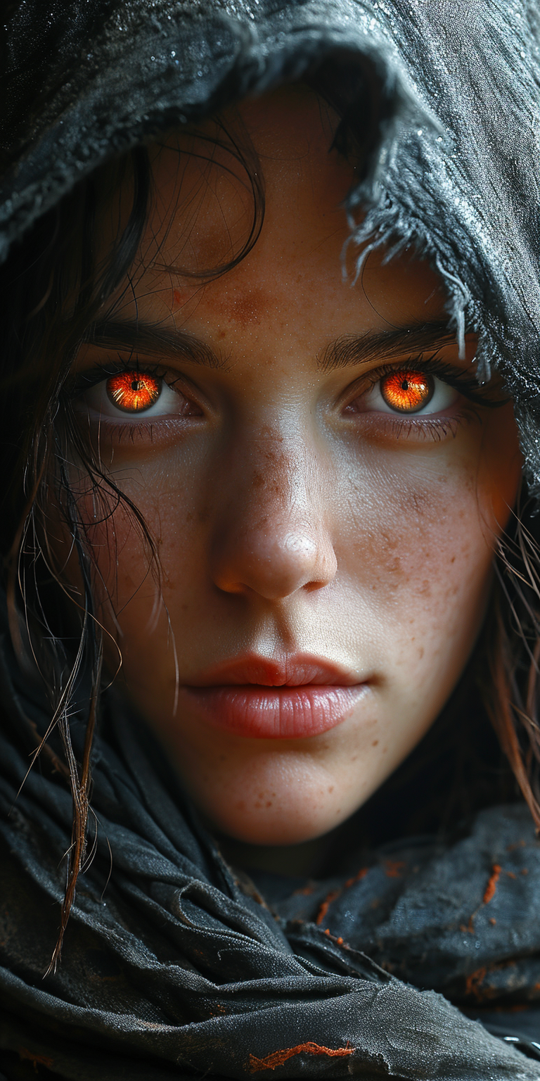 AI generated: Midjourney prompt: a woman with red eyes in a hood, in the style of d... (Midjourney - Portraits)