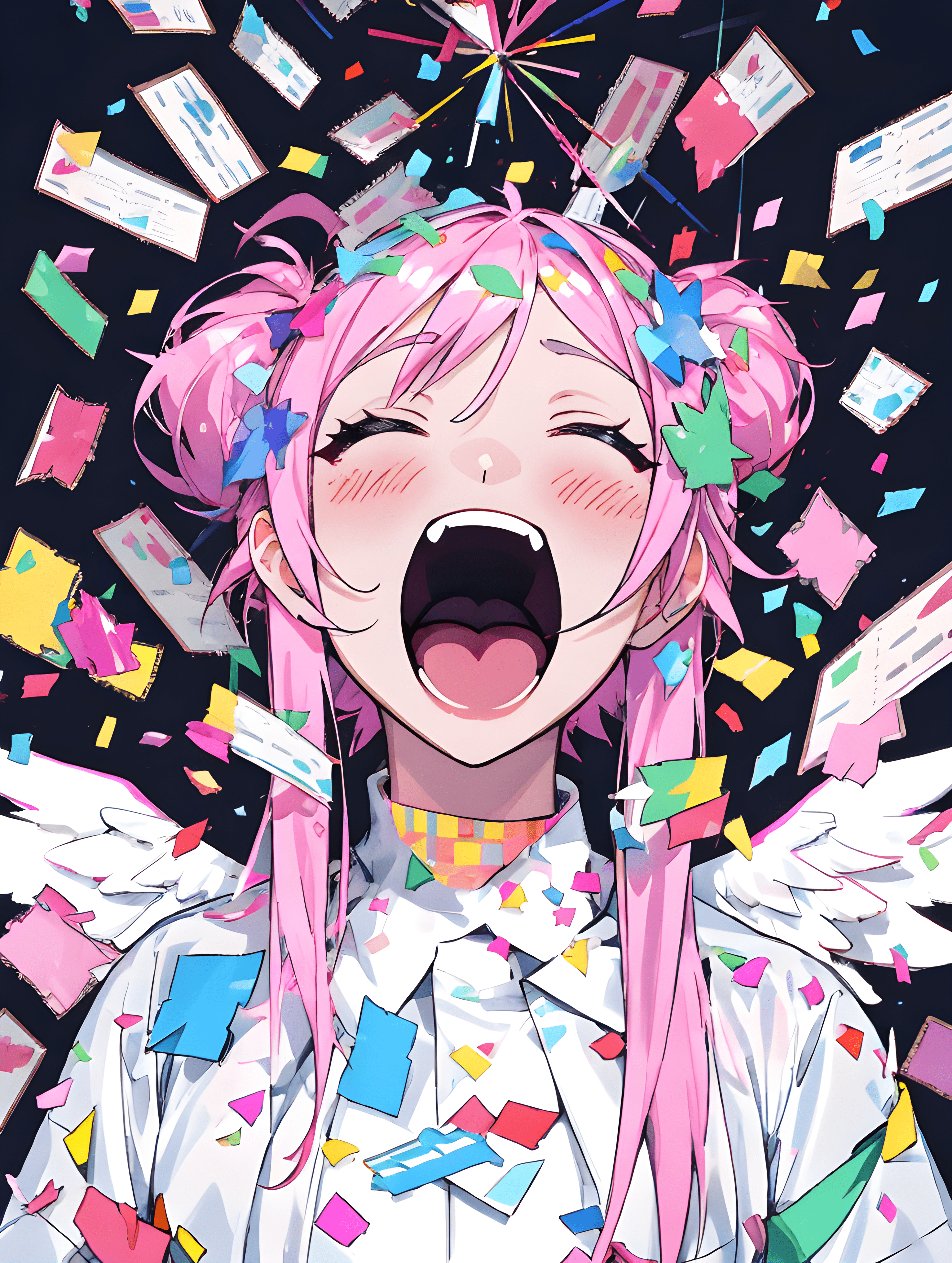 AI generated: Counterfeit-V2.5 prompt: a girl with pink hair is surrounded by confetti an... (Counterfeit-V2.5 - Anime)