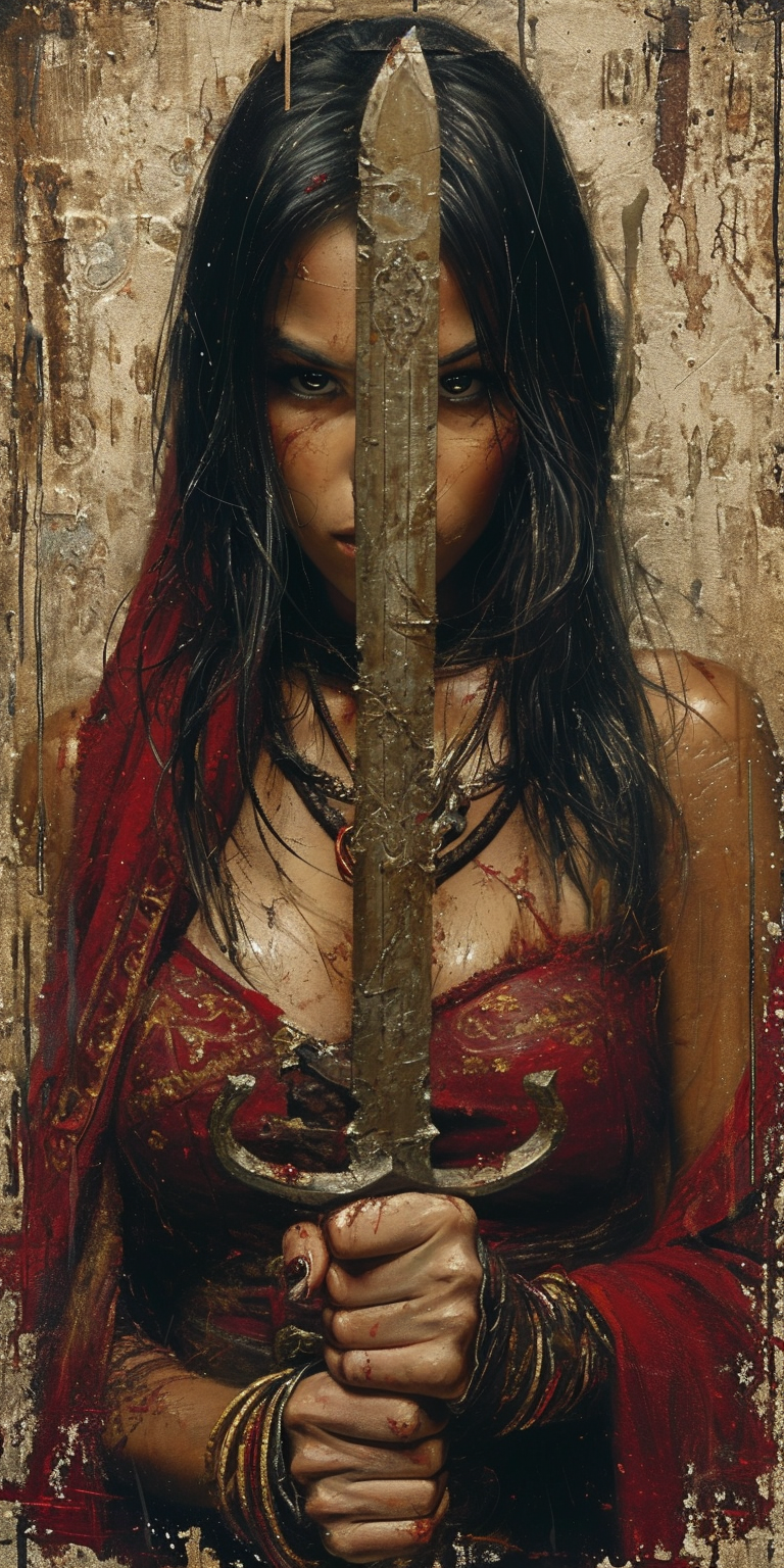 Midjourney prompt: an artistic painting of a woman with a sword, in t... - Midjourney