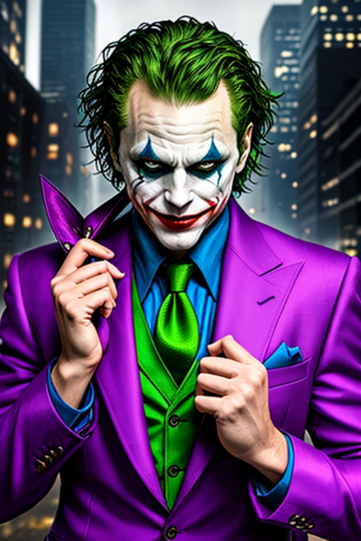 صورة مولدة بالذكاء الاصطناعي: Deliberate prompt: an epic art of the Joker amidst a war-torn Gotham ... (نموذج Deliberate - Character Design)