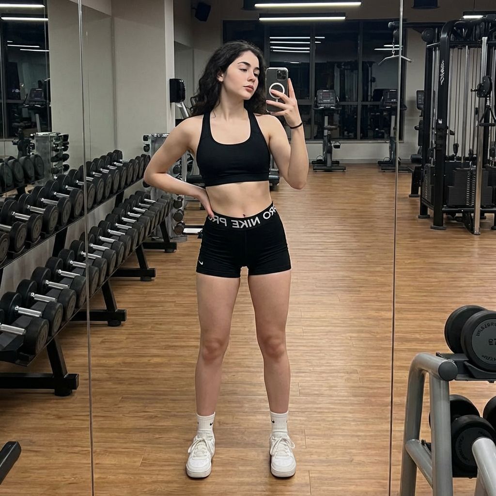 صورة مولدة بالذكاء الاصطناعي: Nano Banana prompt: Scene: Selfie in front of a mirror inside a gym wi... (نموذج Nano Banana - صور شخصية)