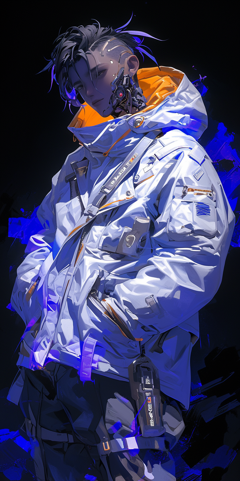 AI generated: Midjourney prompt: anime character dressed in white and orange jacket... (Midjourney - Anime)