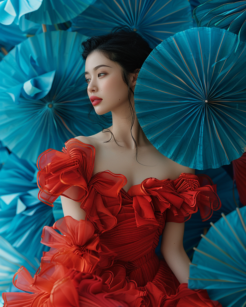 Midjourney prompt: A woman in red dancing with blue umbrellas, in the... - Midjourney