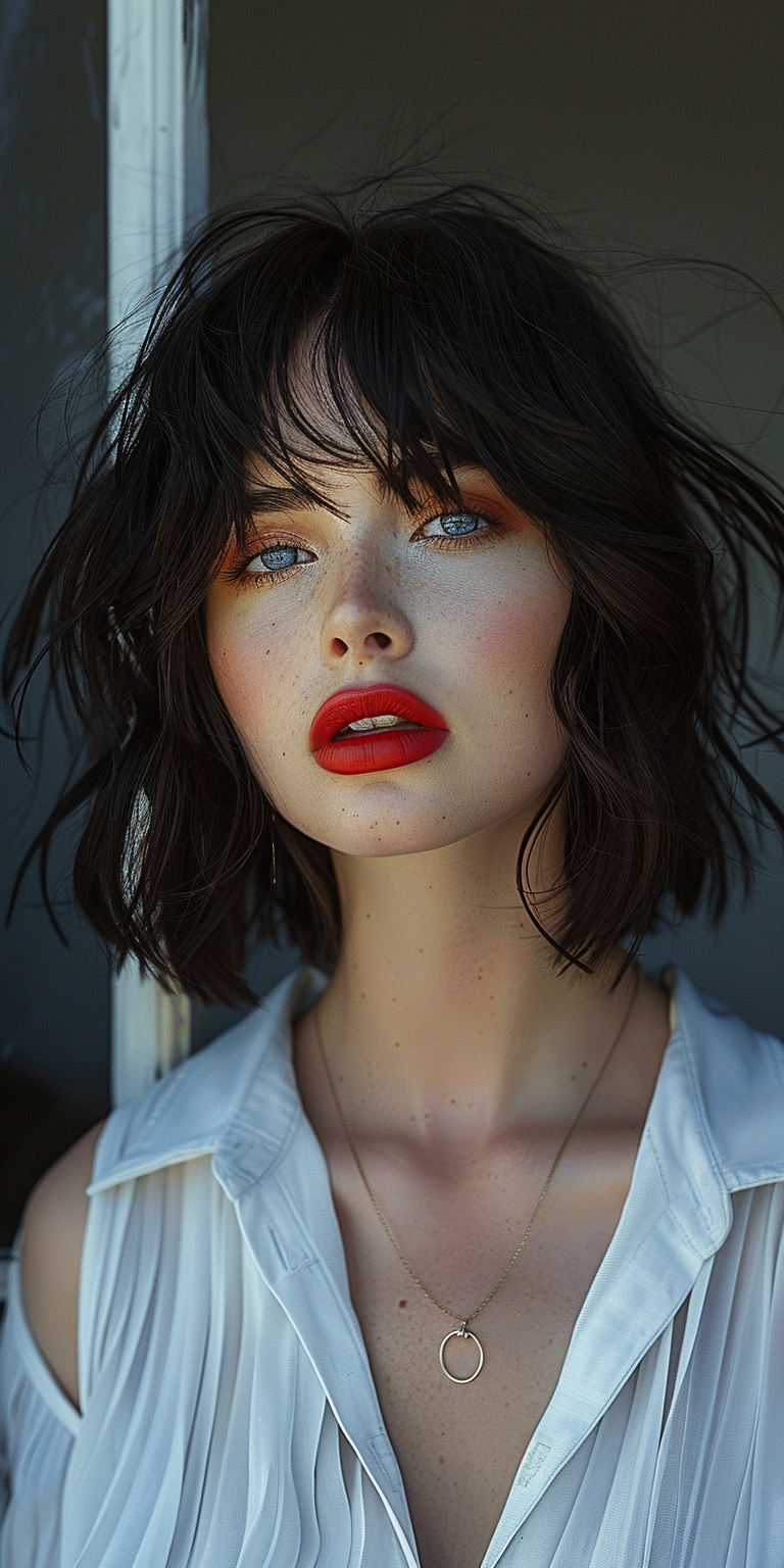 صورة مولدة بالذكاء الاصطناعي: Midjourney prompt: pretty woman, black bob haircut with bangs, red li... (نموذج Midjourney - تصوير فوتوغرافي)