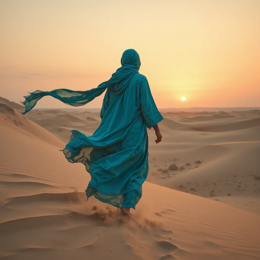 AI generated: FLUX prompt: Wind-swept dune sea at dawn::1.3 solitary nomad... (FLUX - Landscapes)