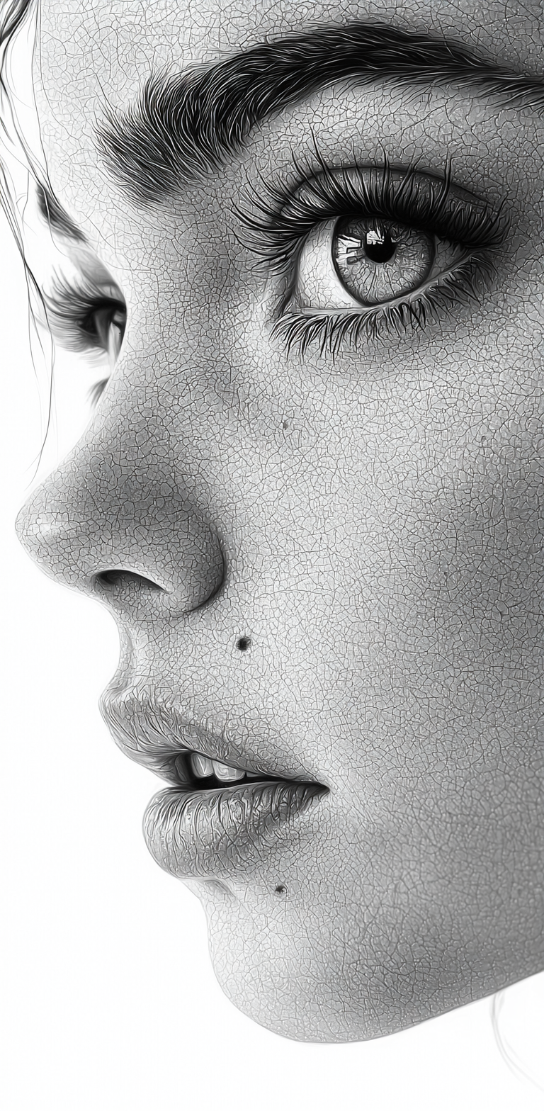 AI generated: Midjourney prompt: a black and white drawing of a woman's face, daz3d... (Midjourney - Portraits)