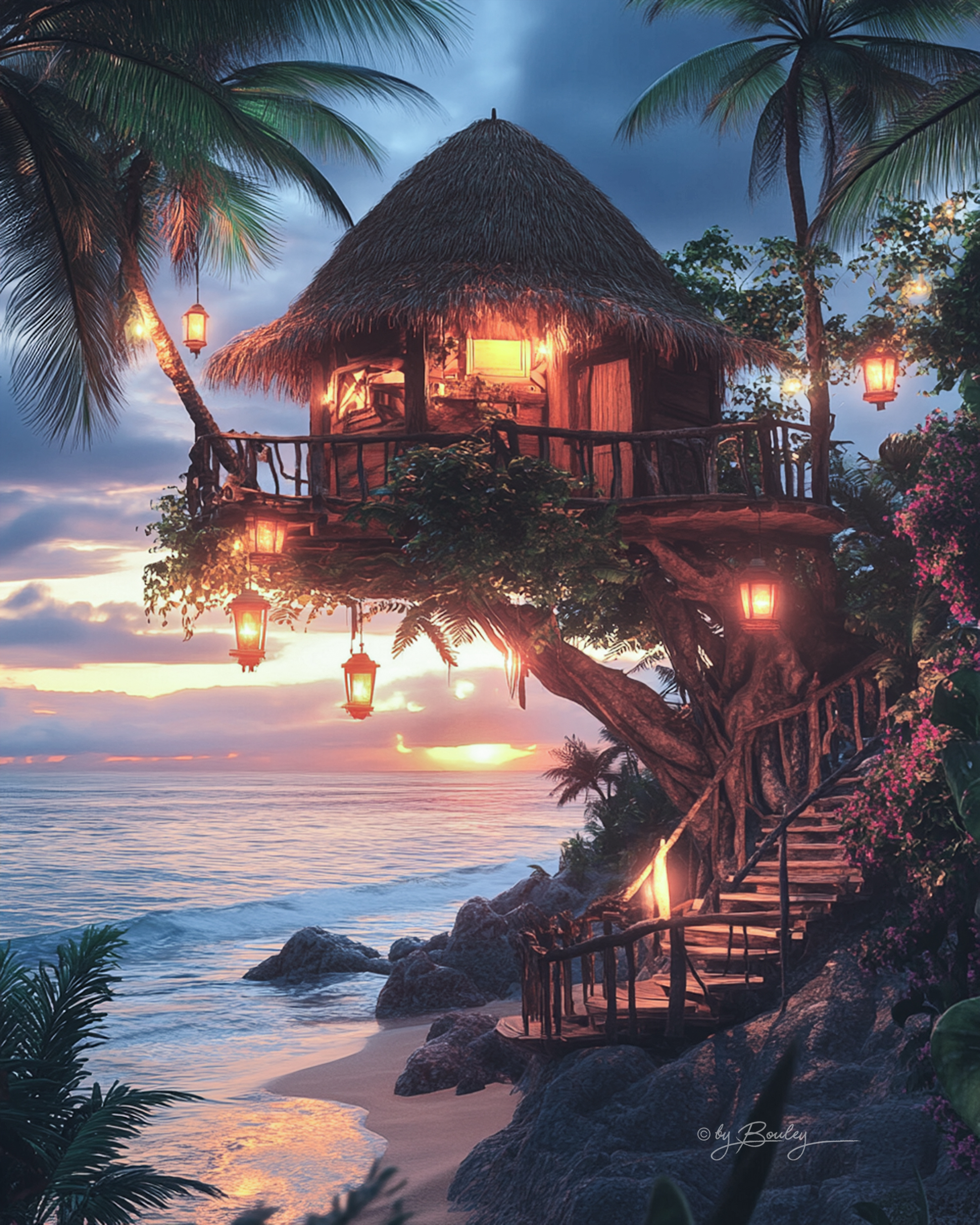 صورة مولدة بالذكاء الاصطناعي: Midjourney prompt: a hyper-realistic palm treehouse on top of a palm ... (نموذج Midjourney - تصوير فوتوغرافي)