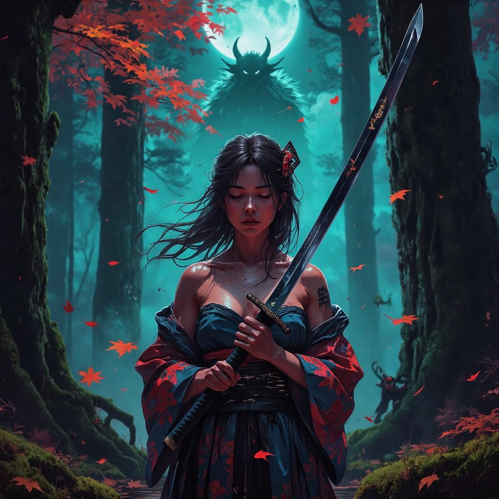 صورة مولدة بالذكاء الاصطناعي: FLUX prompt: A serene yet intense scene in a dense, ancient for... (نموذج FLUX - Character Design)