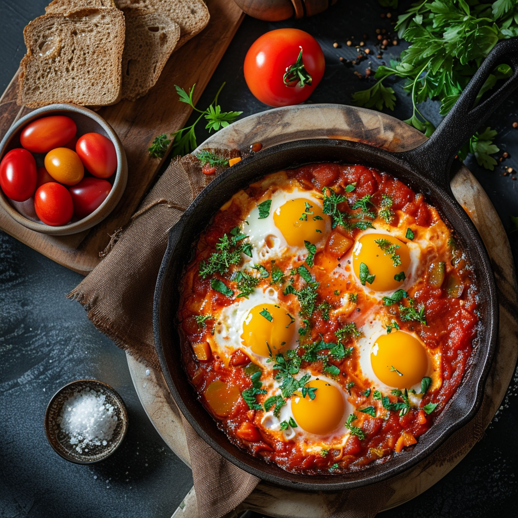 صورة مولدة بالذكاء الاصطناعي: Midjourney prompt: Food photography, shakshuka, top view, in a luxur... (نموذج Midjourney - تصوير فوتوغرافي)