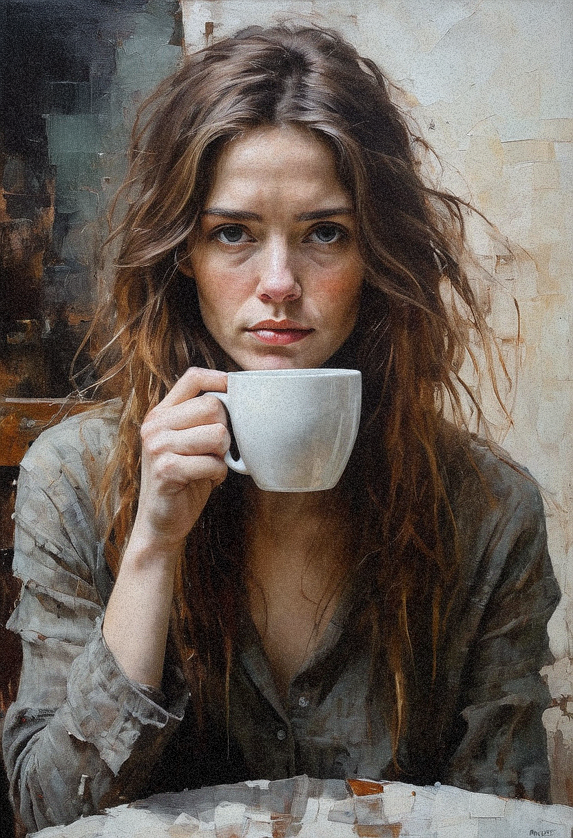 AI generated: Stable Diffusion prompt: A half-body, oil painting of a woman, sitting whi... (Stable Diffusion - Photography)