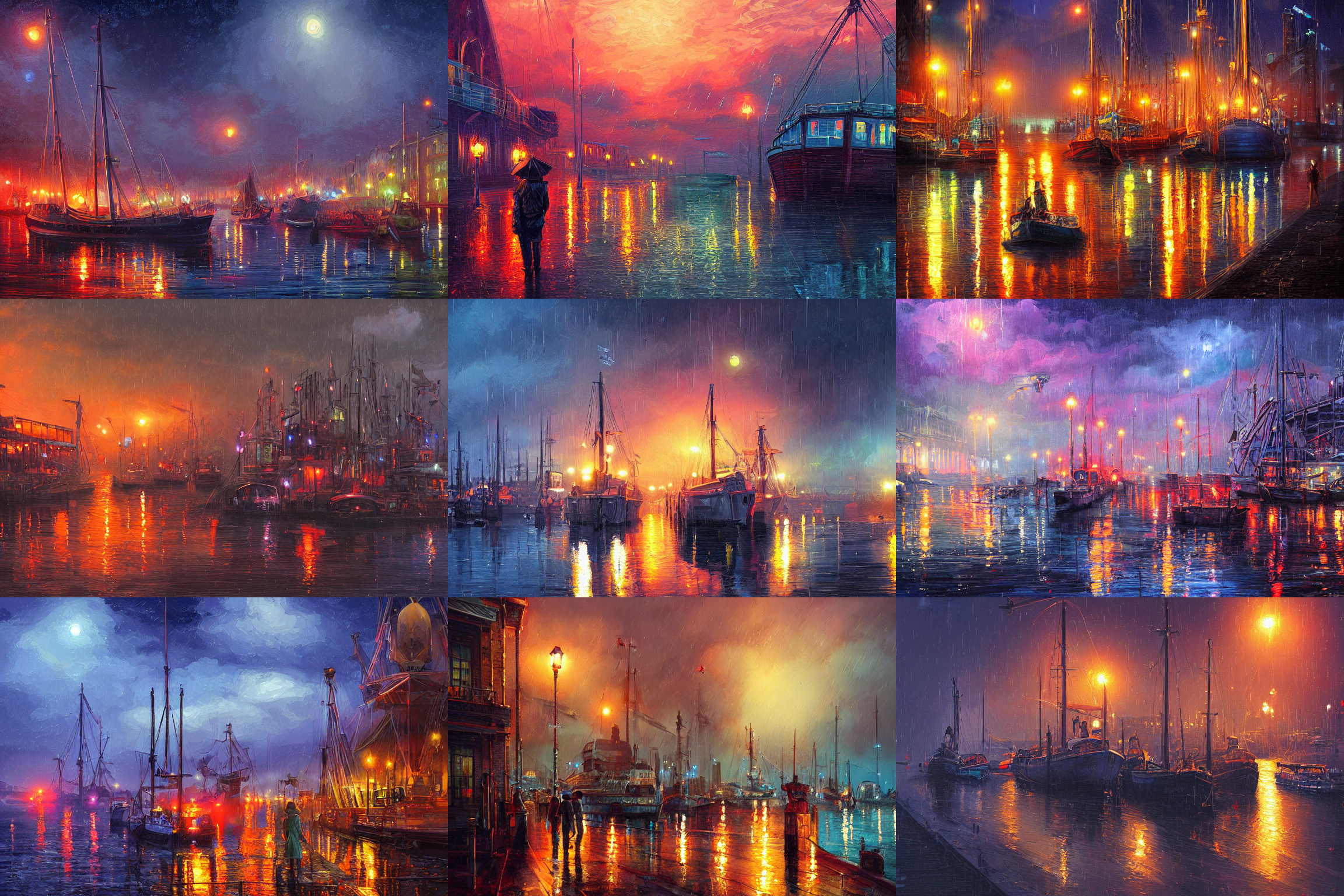Stable Diffusion prompt: victorian harbour night, rain, a...