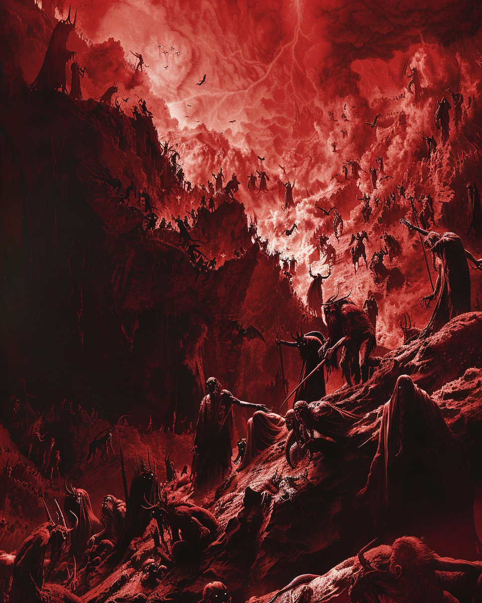 صورة مولدة بالذكاء الاصطناعي: Midjourney prompt: A red fantasy landscape with dragons and monsters,... (نموذج Midjourney - فن مفاهيمي)