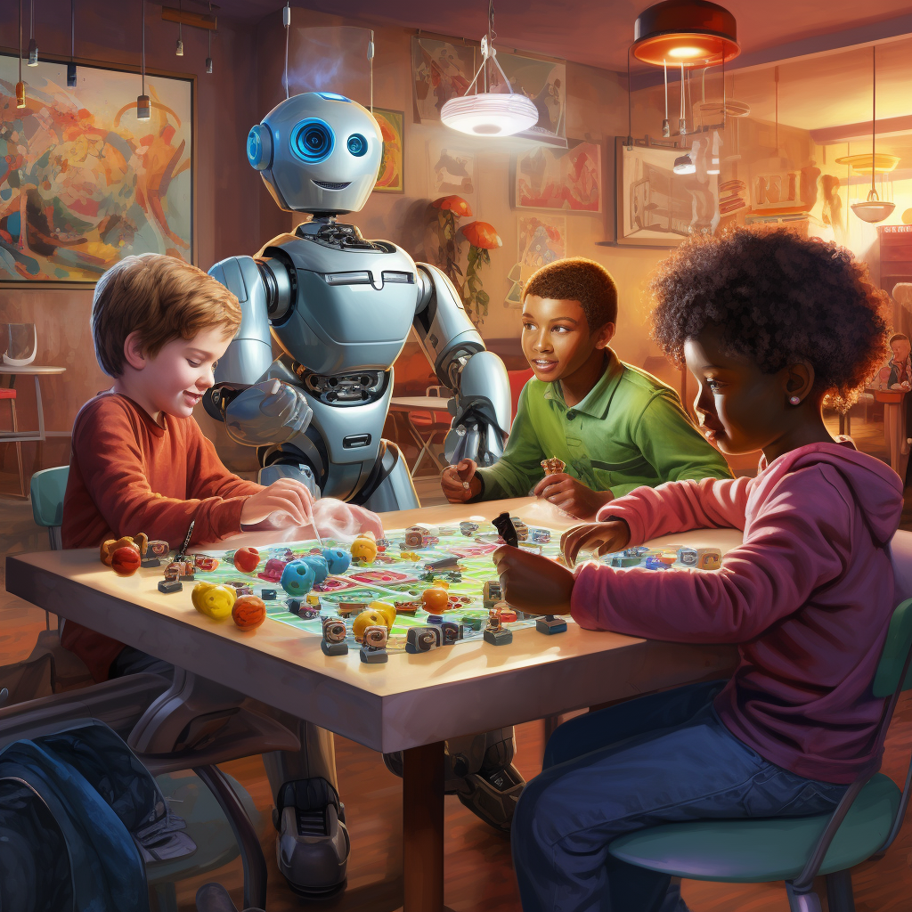 AI generated: Playful robot with kids (Midjourney - Concept Art)