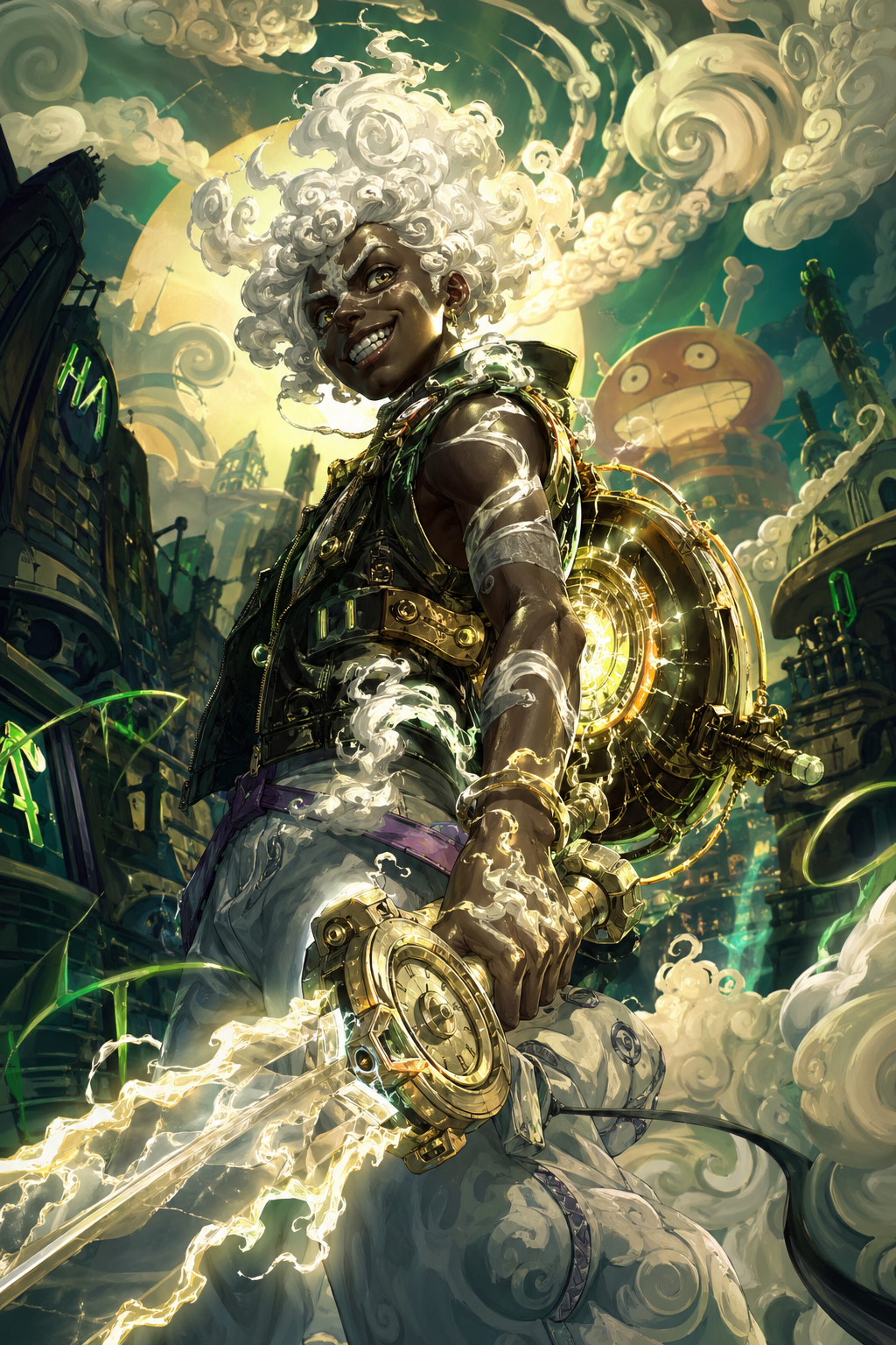 صورة مولدة بالذكاء الاصطناعي: FLUX prompt: Concept: A fusion of Ekko (LoL) and Sun God Nika (... (نموذج FLUX - فن مفاهيمي)