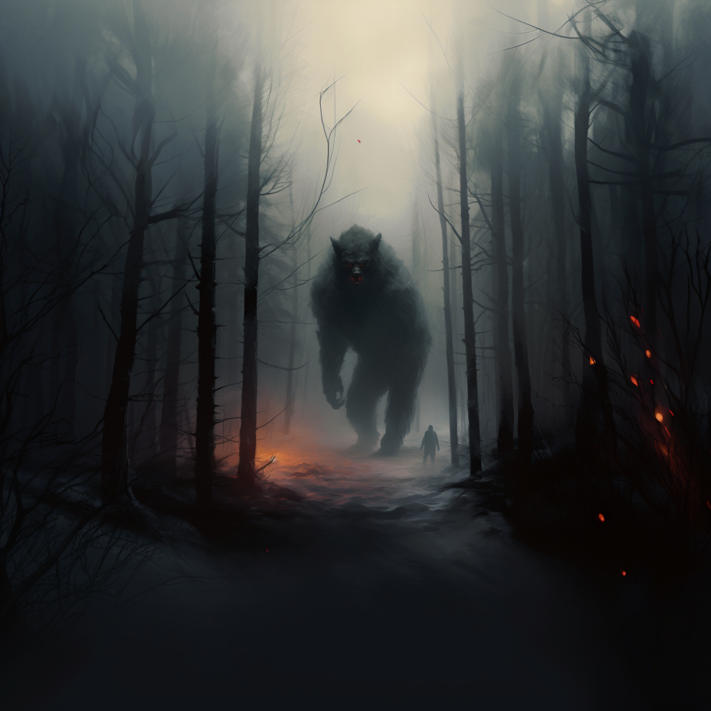 صورة مولدة بالذكاء الاصطناعي: Midjourney prompt: a huge werewolf coming out of the forest, red lumi... (نموذج Midjourney - فن مفاهيمي)