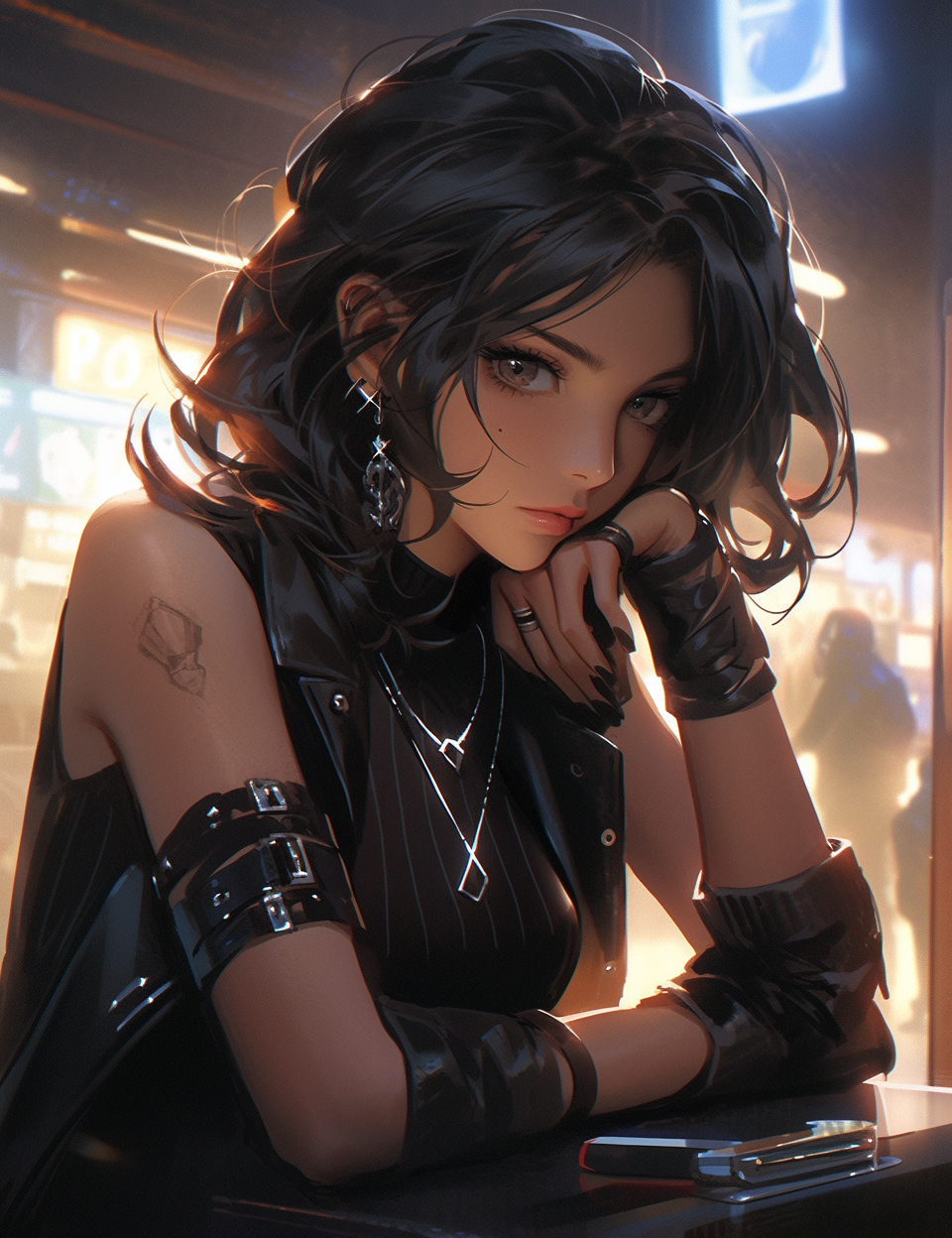 Midjourney prompt: an image of a woman in black leather near a neon s... - Midjourney