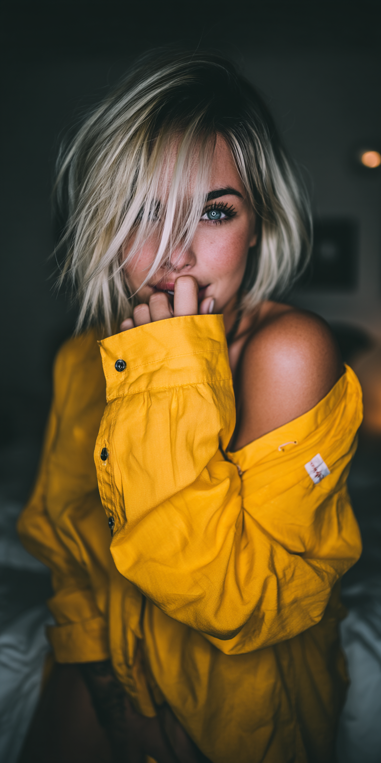 AI generated: Midjourney prompt: blond girl in a yellow shirt is posing, soft, atmo... (Midjourney - Portraits)