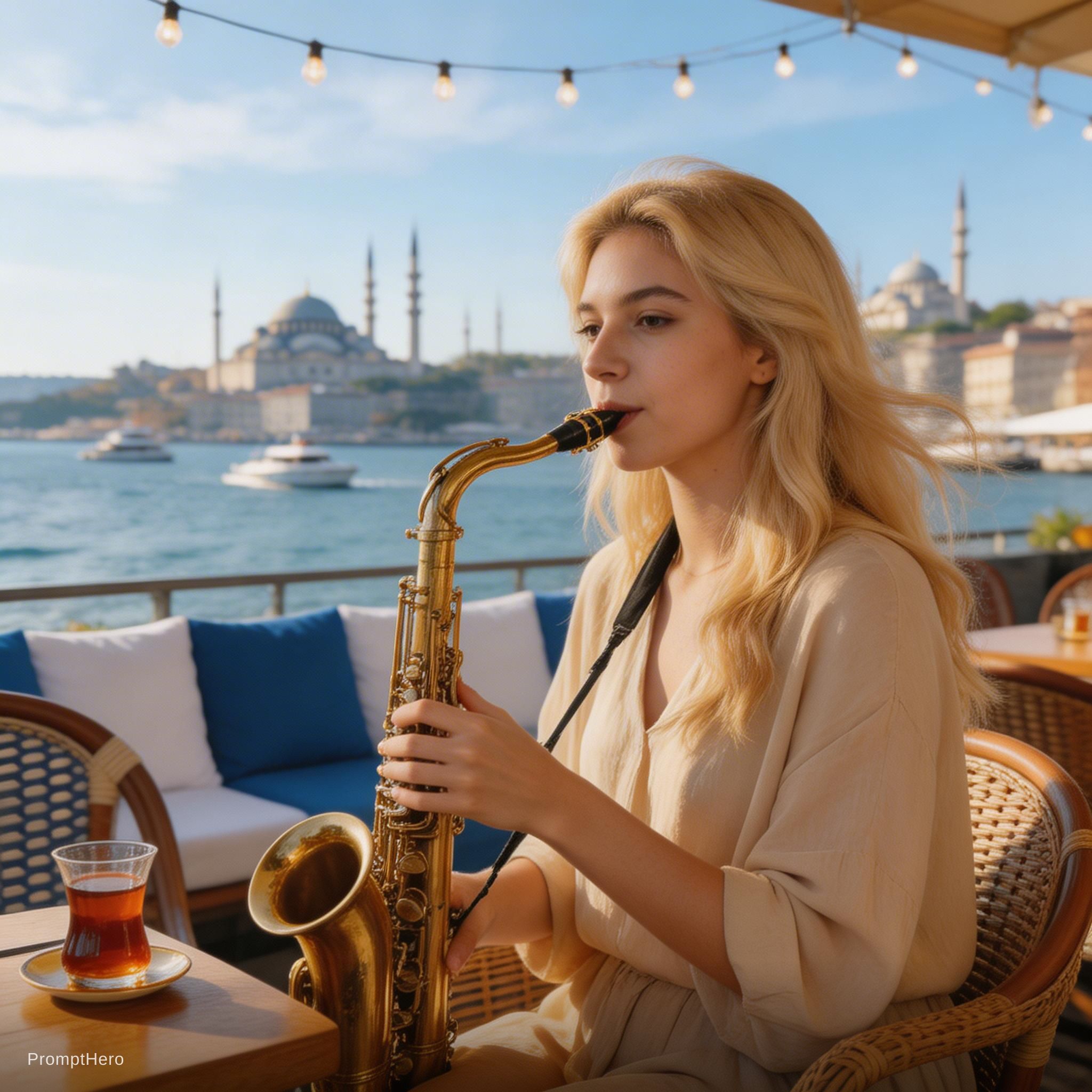 صورة مولدة بالذكاء الاصطناعي: Seedream 5 prompt: A beautiful modern blonde Turkish girl sitting at ... (نموذج Seedream 5 - صور شخصية)