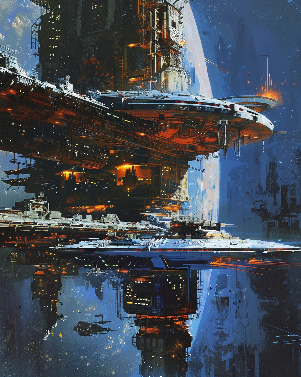 صورة مولدة بالذكاء الاصطناعي: Midjourney prompt: A spaceship docked at an alien space station, in t... (نموذج Midjourney - فن مفاهيمي)
