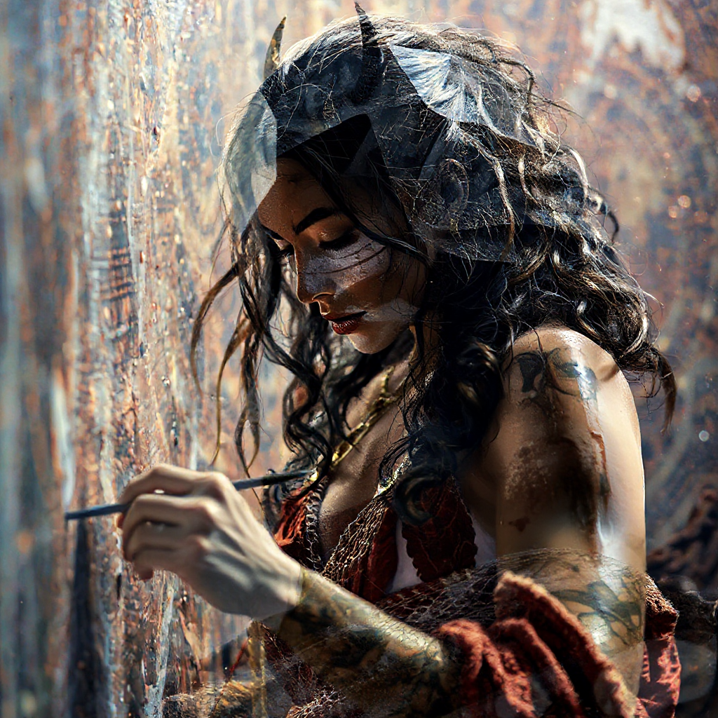 صورة مولدة بالذكاء الاصطناعي: FLUX prompt: A beautiful, strong, and powerful woman weaving an... (نموذج FLUX - صور شخصية)