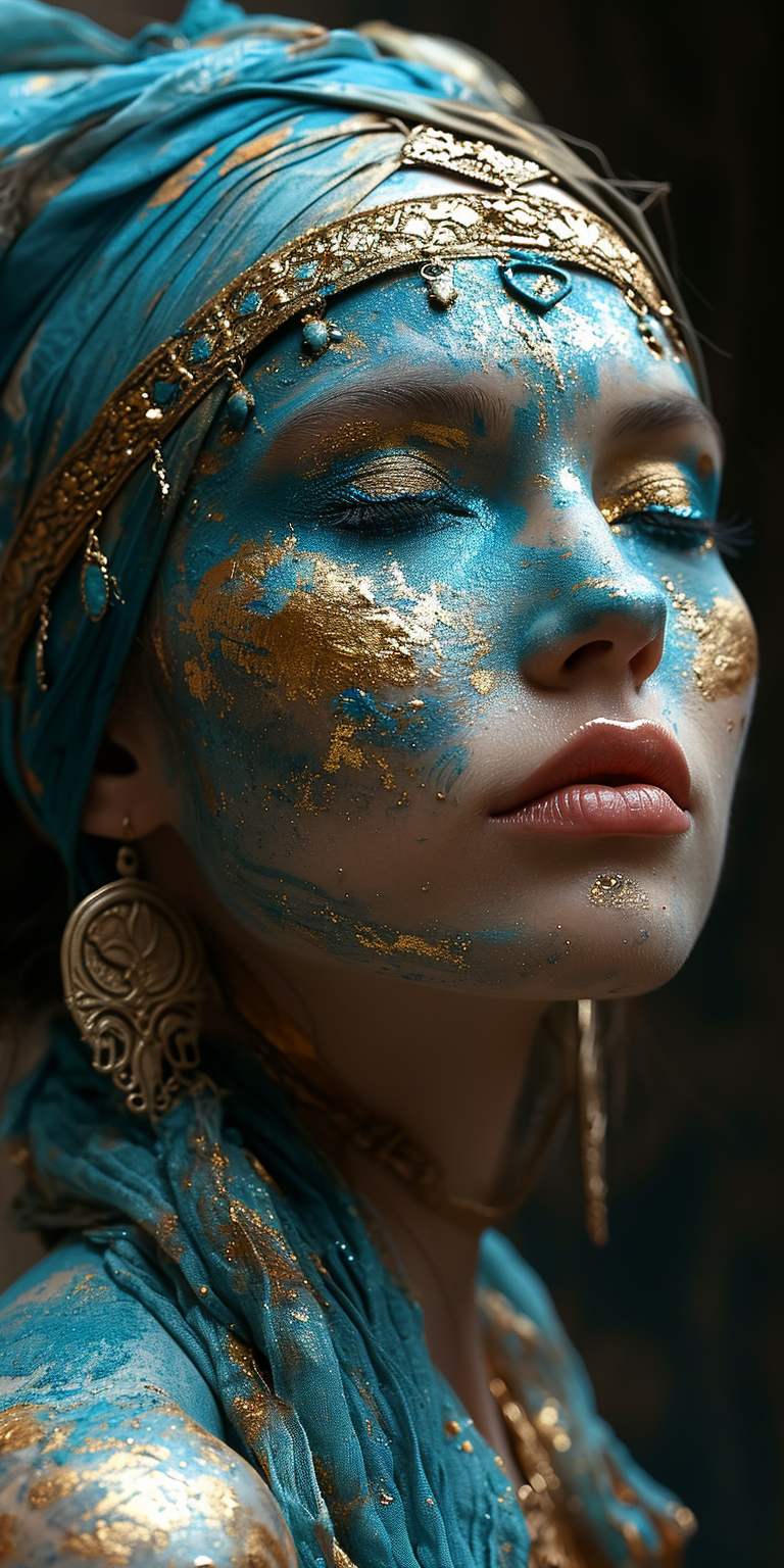 AI generated: Midjourney prompt: beautiful red, blue and gold makeup on a woman, in... (Midjourney - Portraits)
