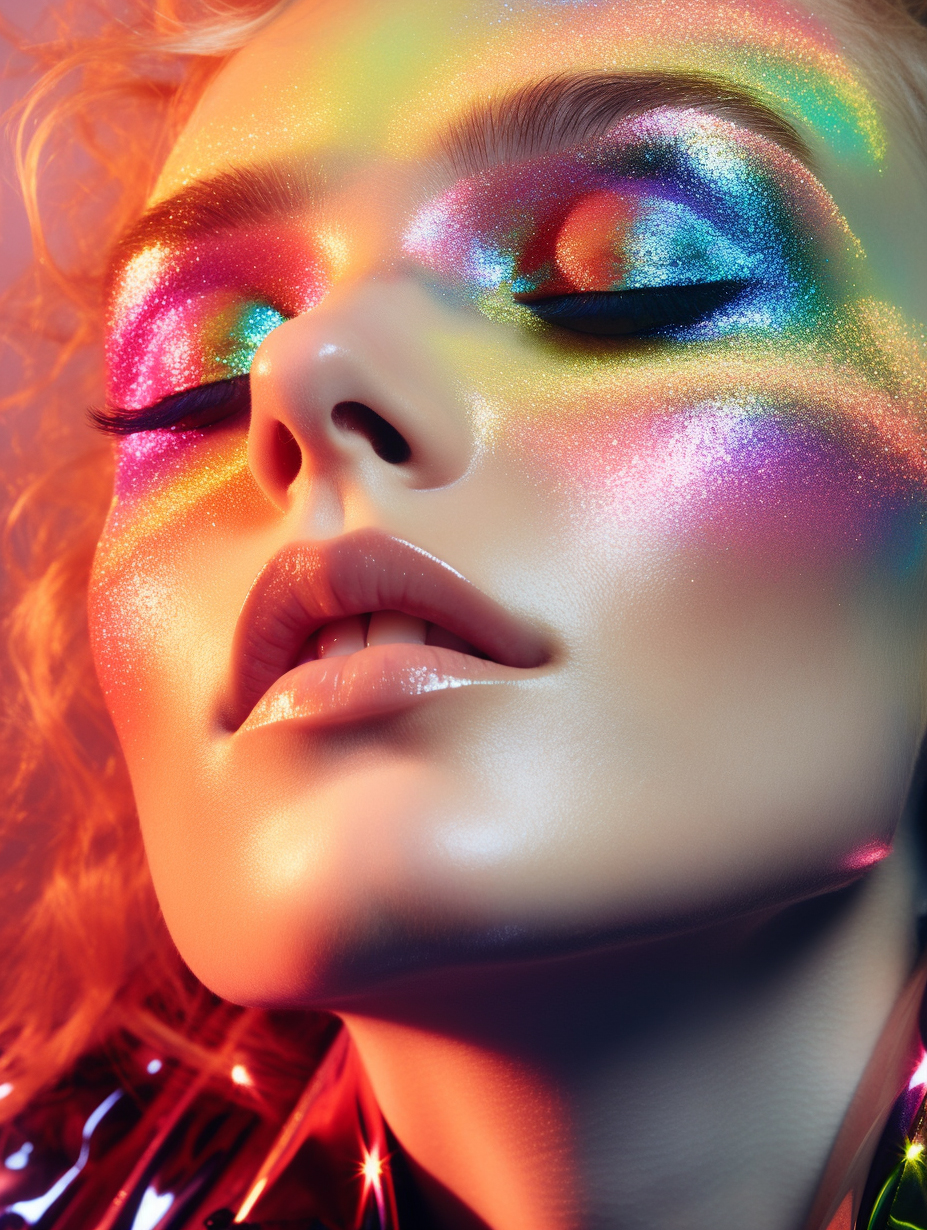 صورة مولدة بالذكاء الاصطناعي: Midjourney prompt: a close up of a woman's face with bright makeup, i... (نموذج Midjourney - صور شخصية)