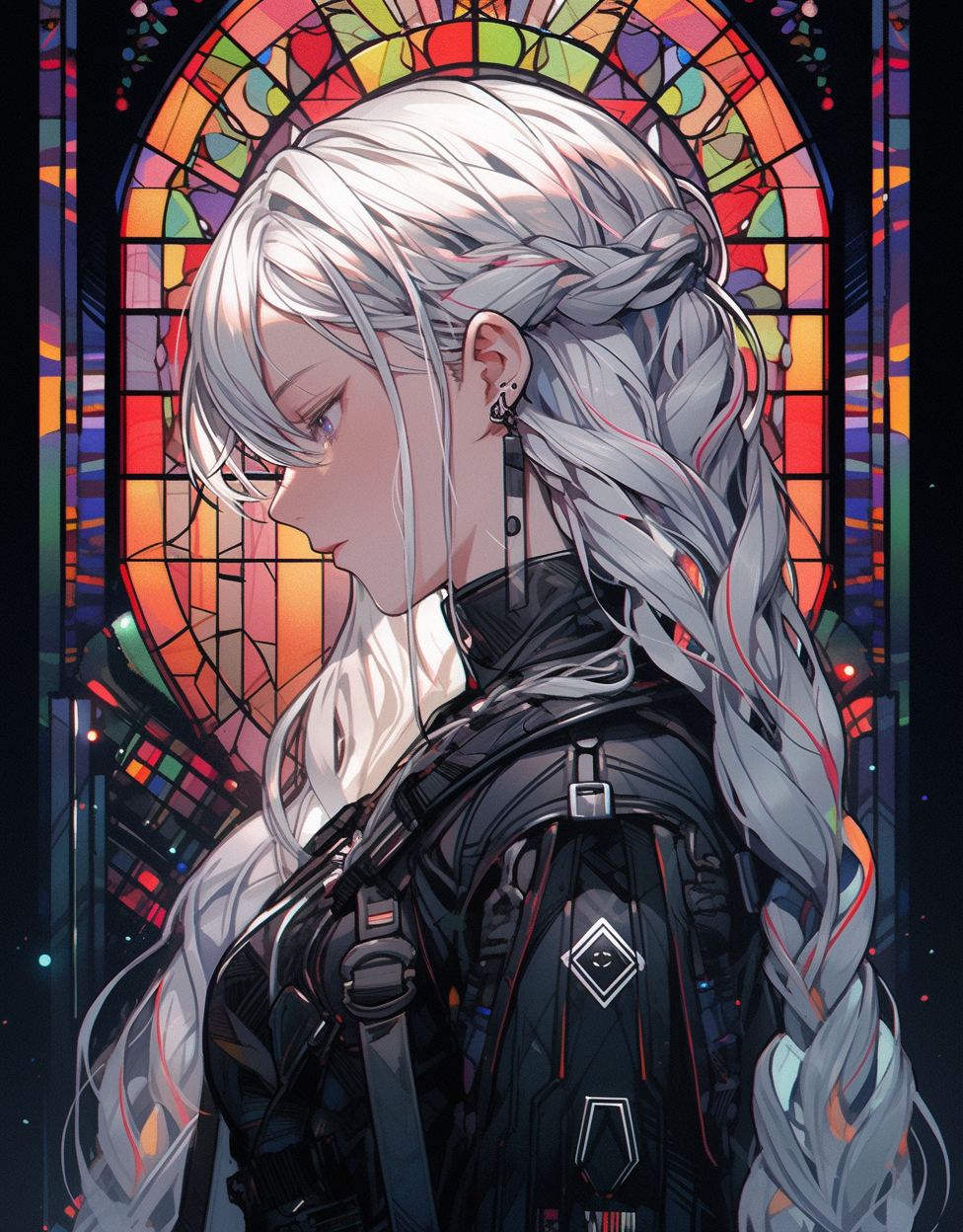 صورة مولدة بالذكاء الاصطناعي: Midjourney prompt: an image of a girl with white hair in an old stain... (نموذج Midjourney - أنمي)