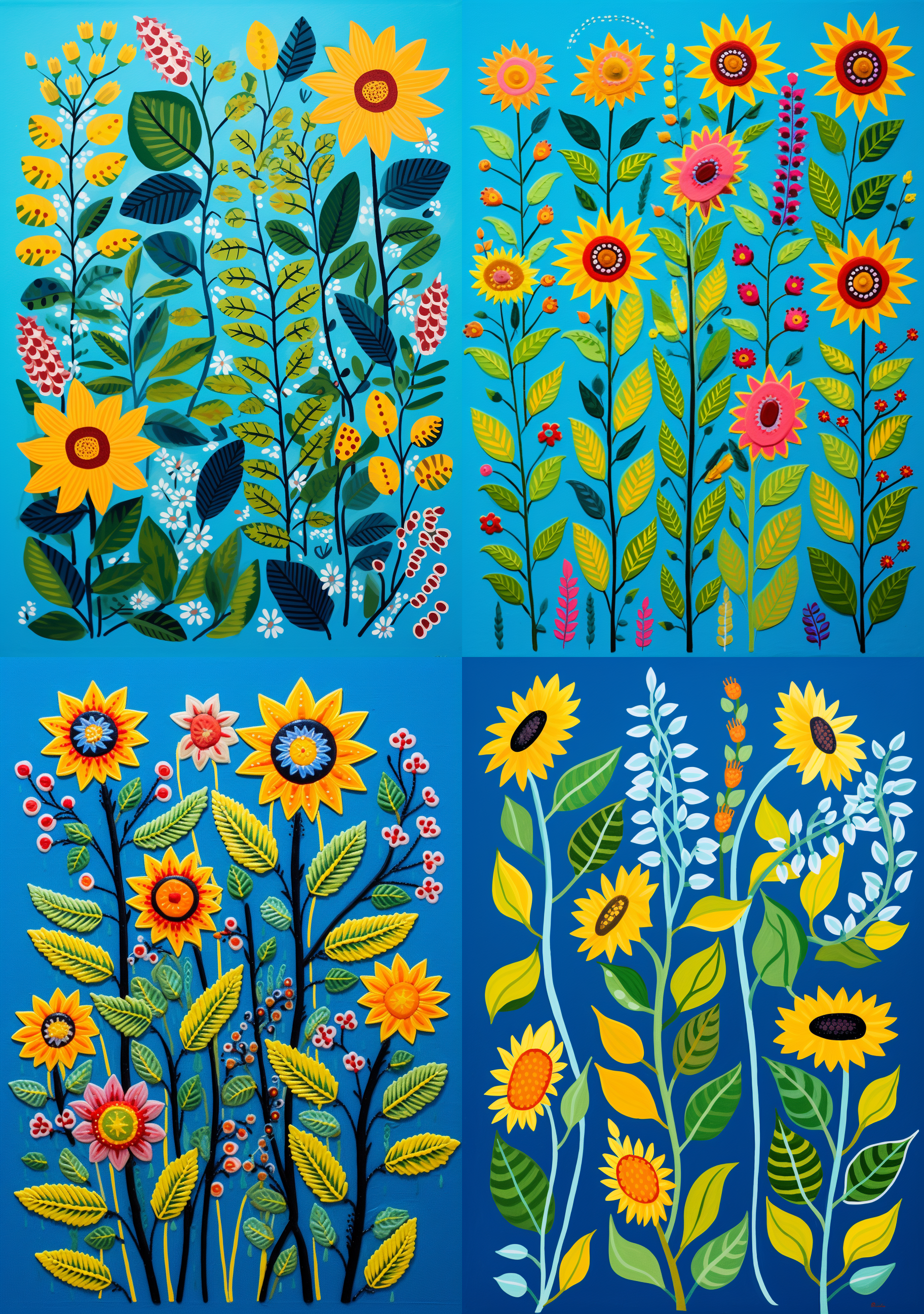 AI generated: Midjourney prompt: A gouache painting of folk art sunflowers and embr... (Midjourney - Concept Art)