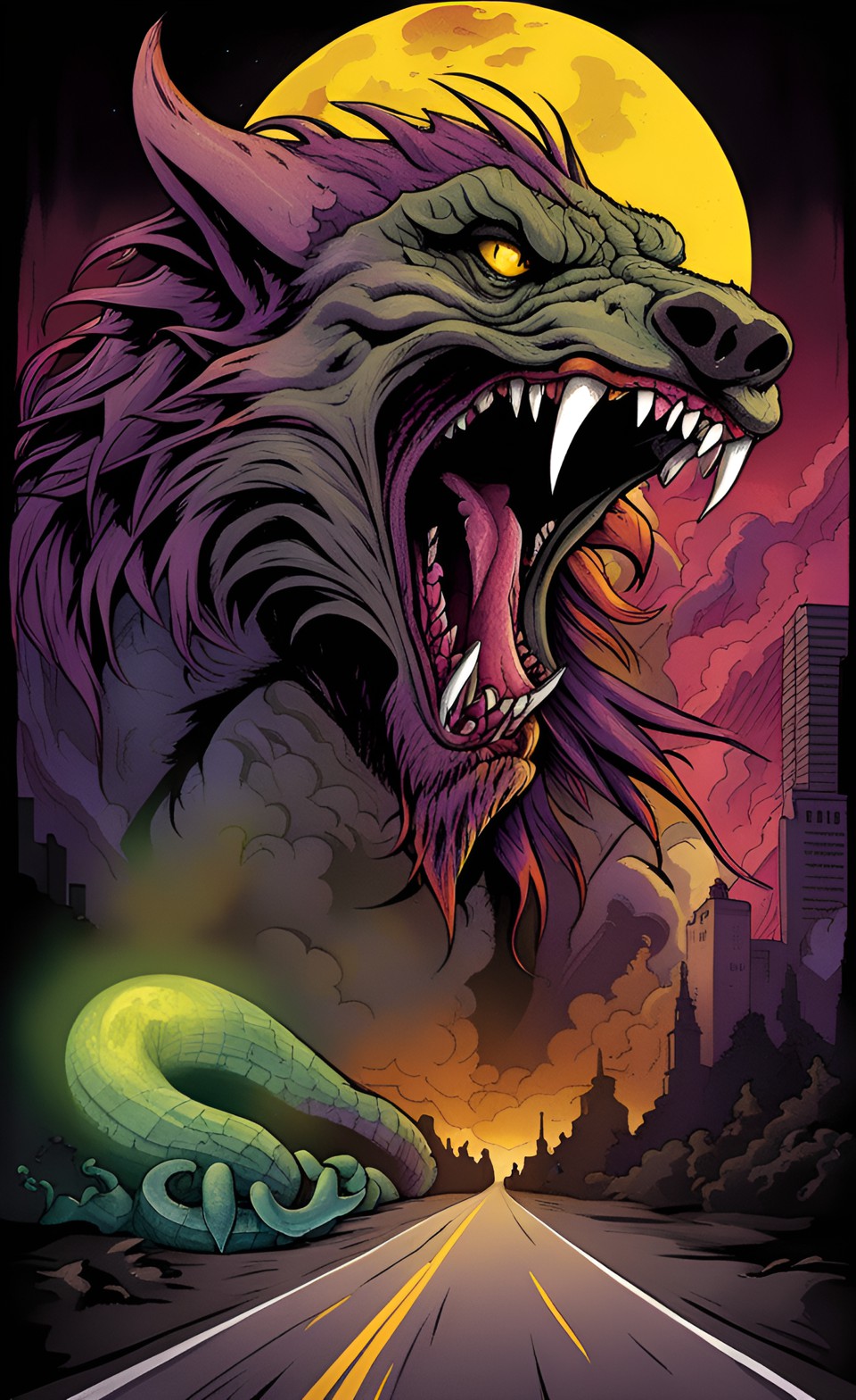 صورة مولدة بالذكاء الاصطناعي: "Moon Fang: City of Shadows" (نموذج Stable Diffusion - فن مفاهيمي)