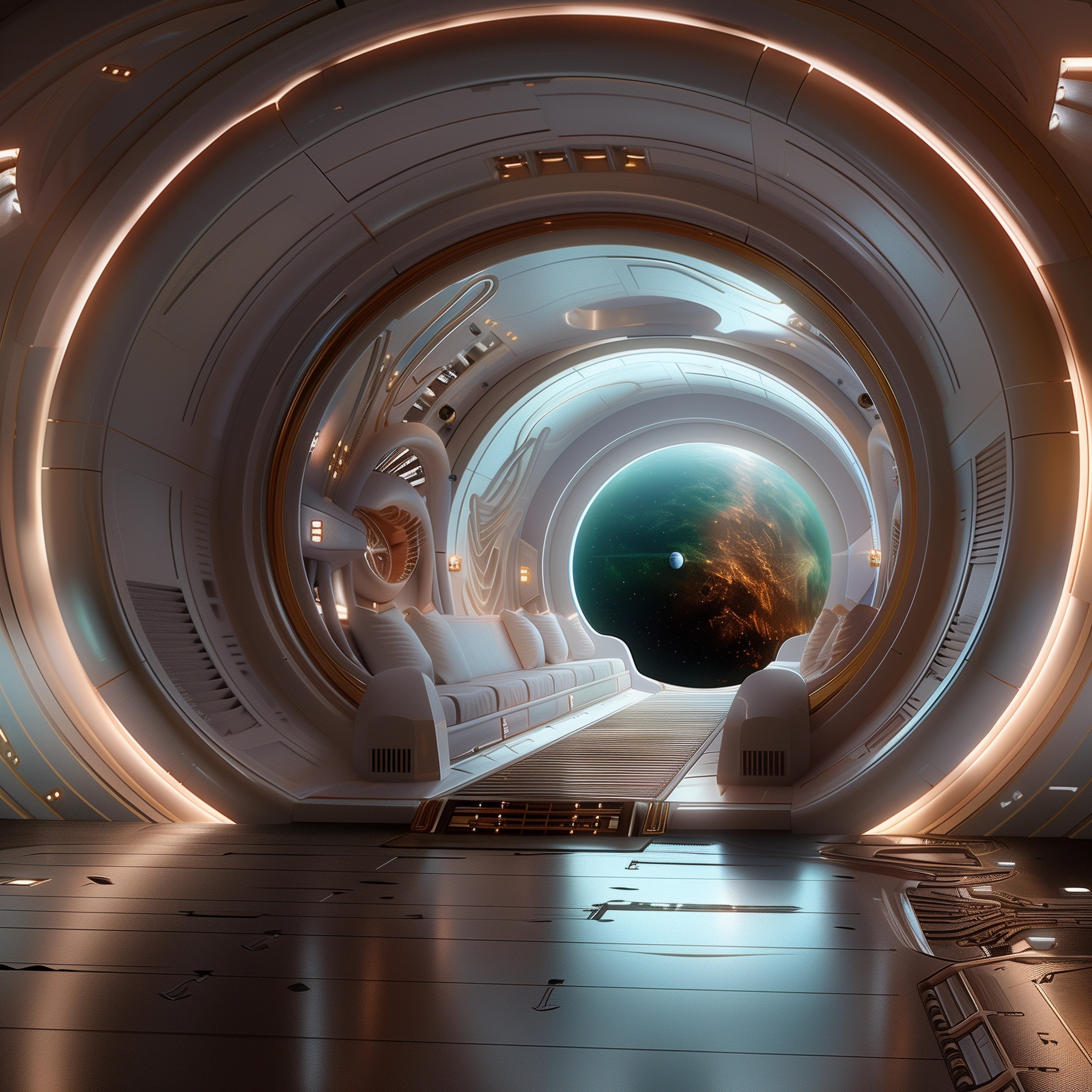 صورة مولدة بالذكاء الاصطناعي: Interior of a Cosmic Spaceship (نموذج Midjourney - تصميم داخلي)