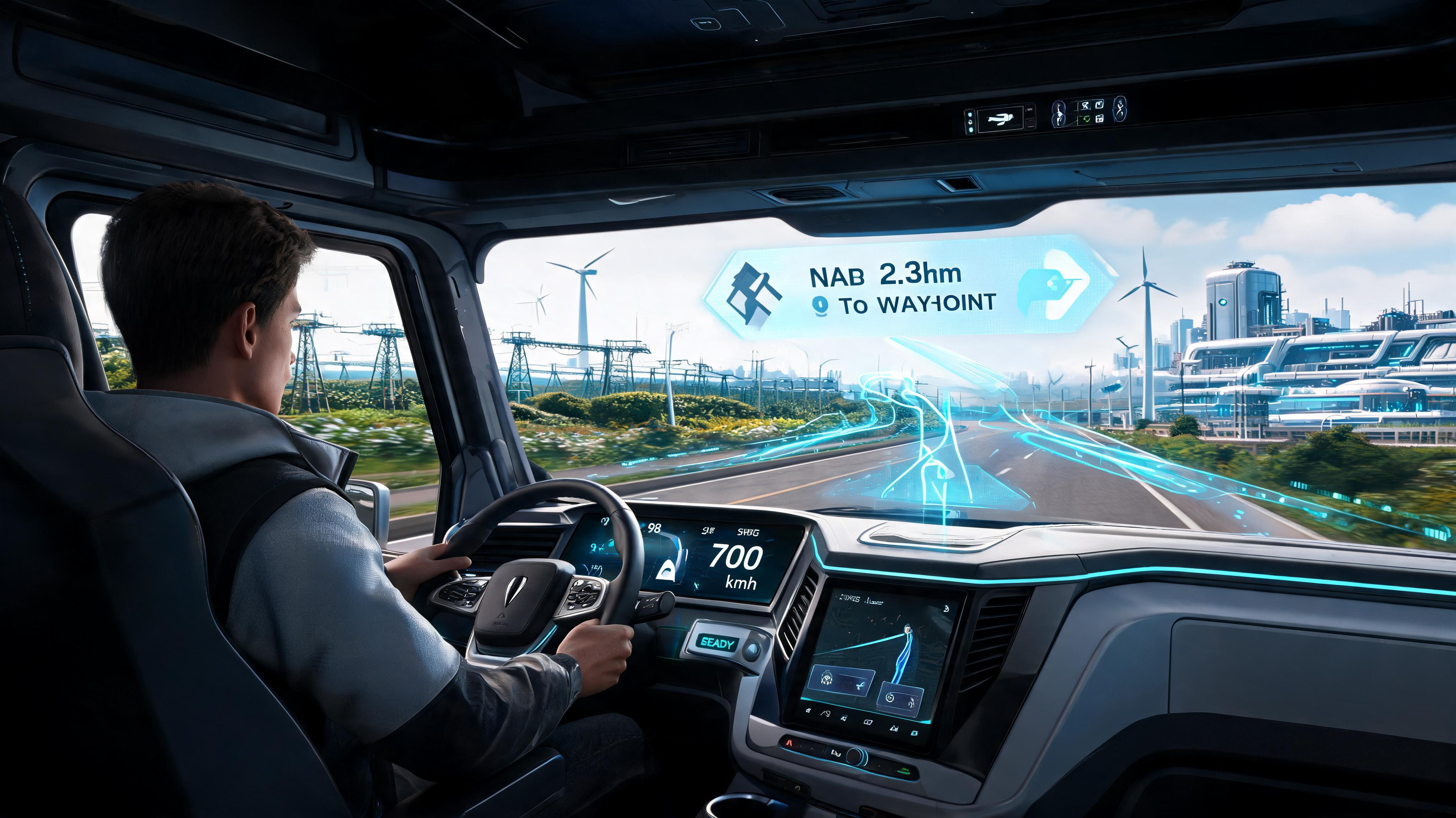 صورة مولدة بالذكاء الاصطناعي: Seedream 5 prompt: Create a new, unique, futuristic semi-truck dashbo... (نموذج Seedream 5 - فن ثلاثي الأبعاد)