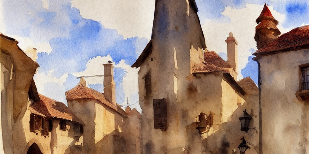 Stable Diffusion prompt: medieval town, summer morning li...
