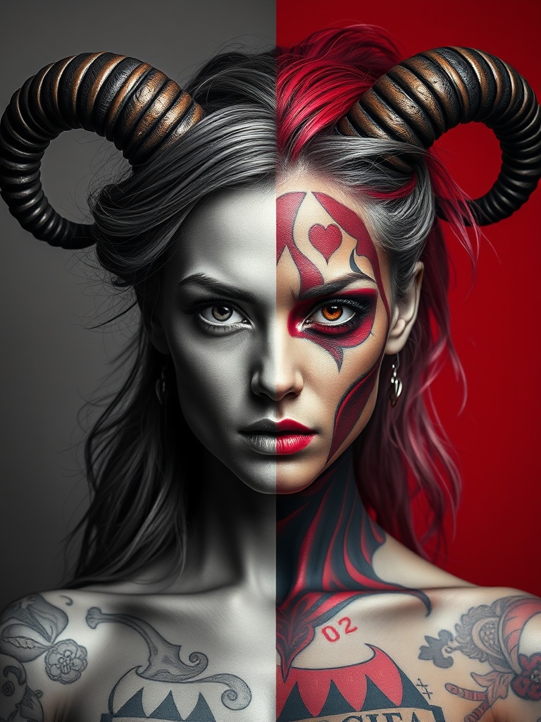 FLUX prompt: A portrait of a woman with horns, split into two c... - FLUX