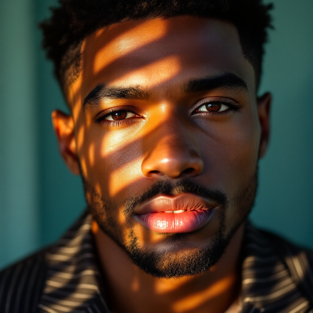 AI generated: FLUX prompt: Close-up portrait of a black man illuminated by so... (FLUX - Portraits)
