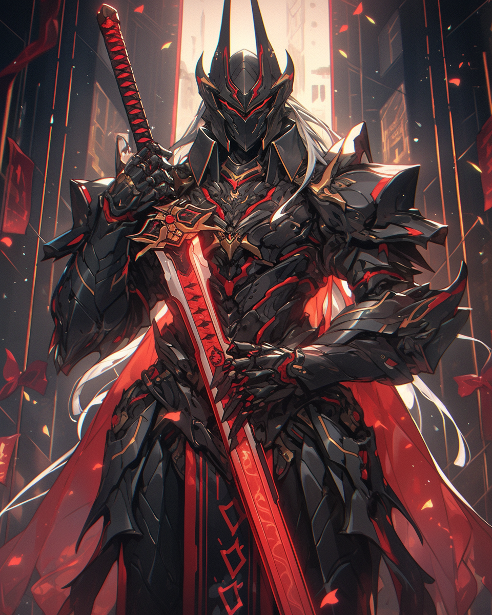 Midjourney prompt: a dark knight holding a red sword, in the style of... - Midjourney