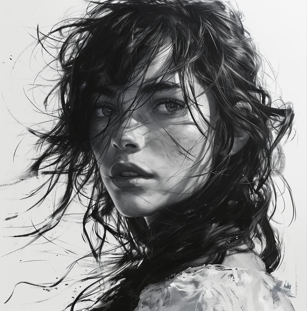 Midjourney prompt: a drawing with a girl with long hair covering her ... - Midjourney