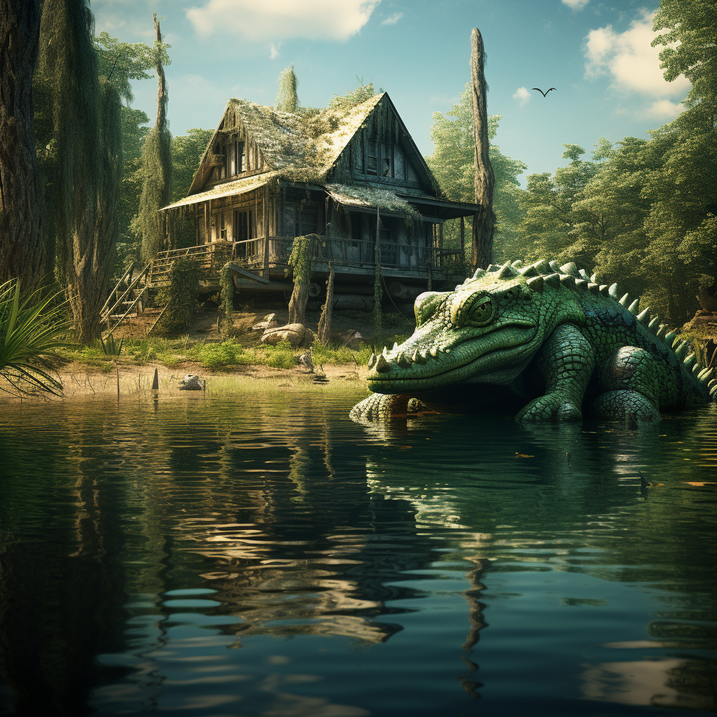 Midjourney prompt: giant green lizard in front of a wooden house, cry... - Midjourney