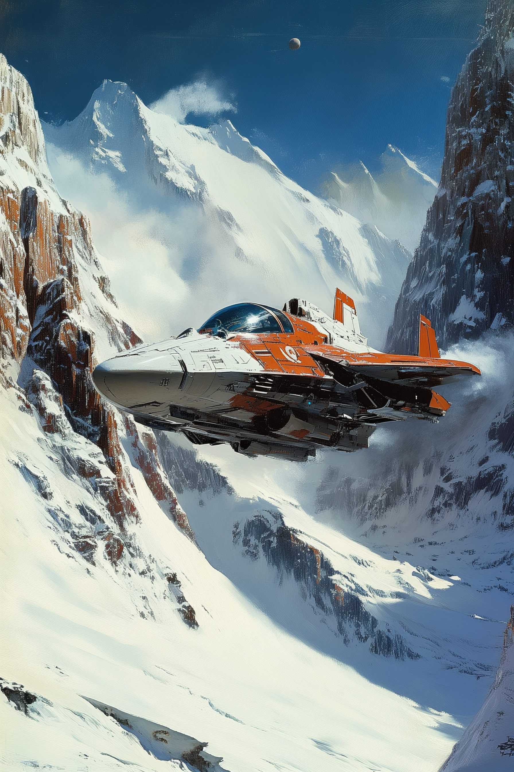 Midjourney prompt: A futuristic spaceship is flying over the snow cov... - Midjourney