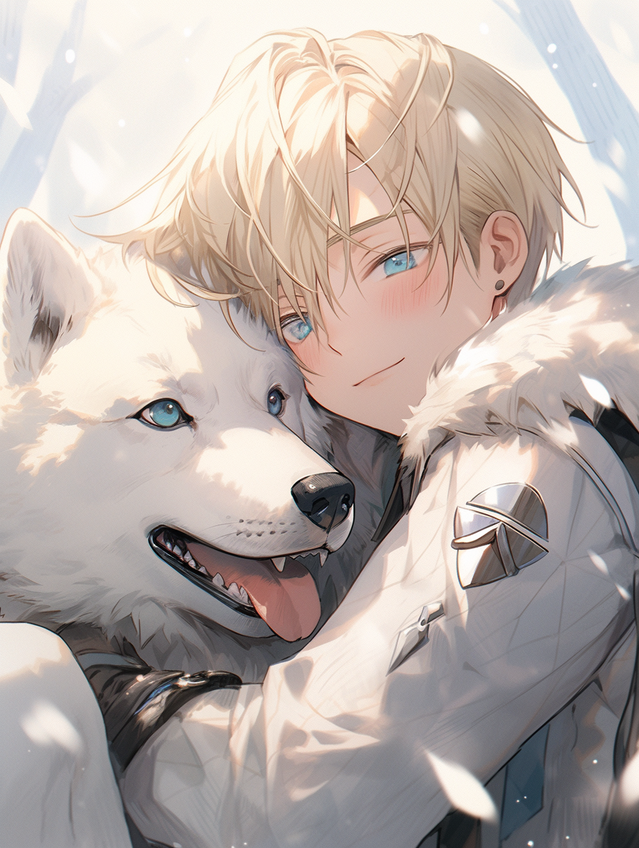 صورة مولدة بالذكاء الاصطناعي: Midjourney prompt: young blonde boy snuggle white husky dog, in the s... (نموذج Midjourney - أنمي)