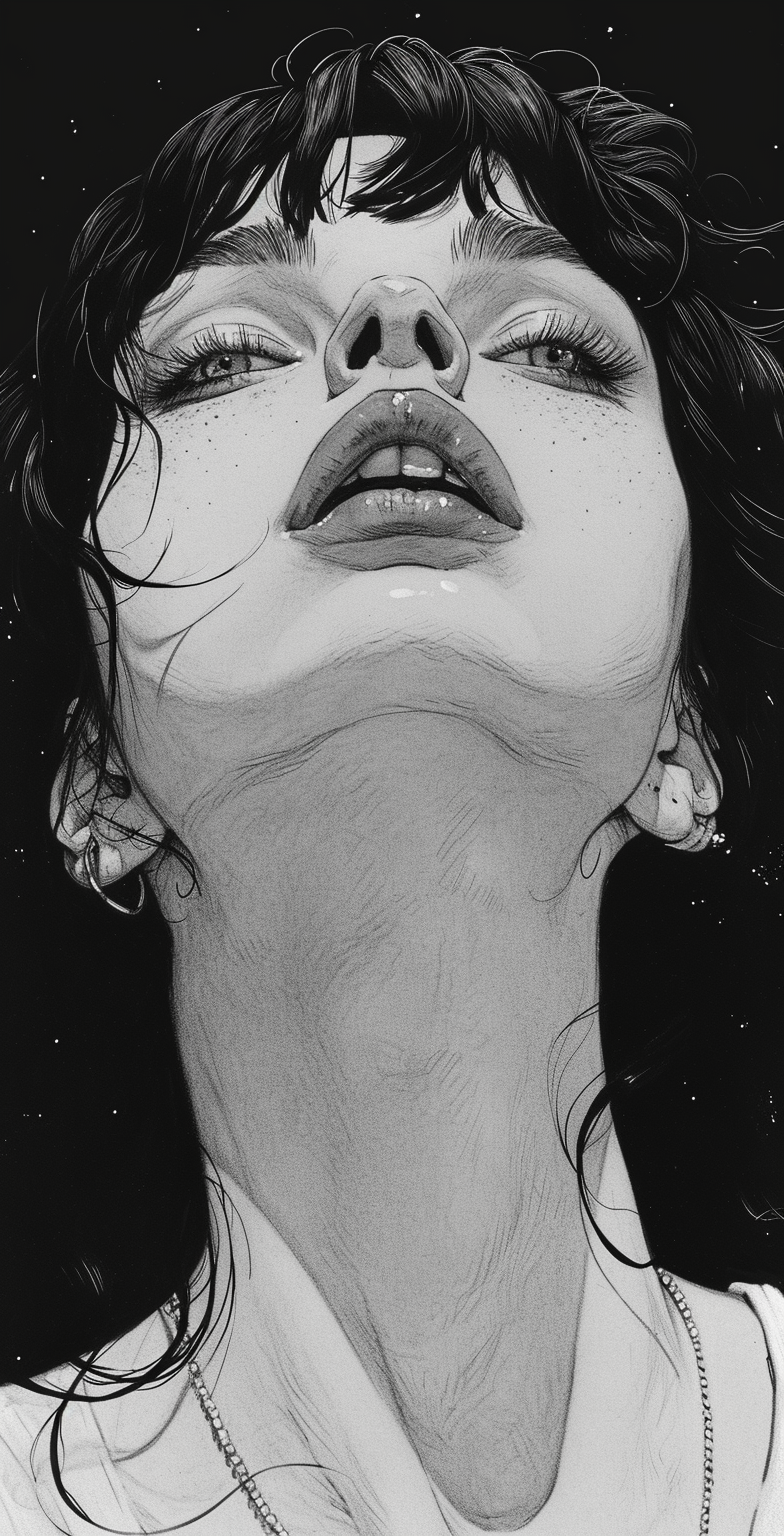 AI generated: Midjourney prompt: black and white drawing of a girl , in the style o... (Midjourney - Portraits)