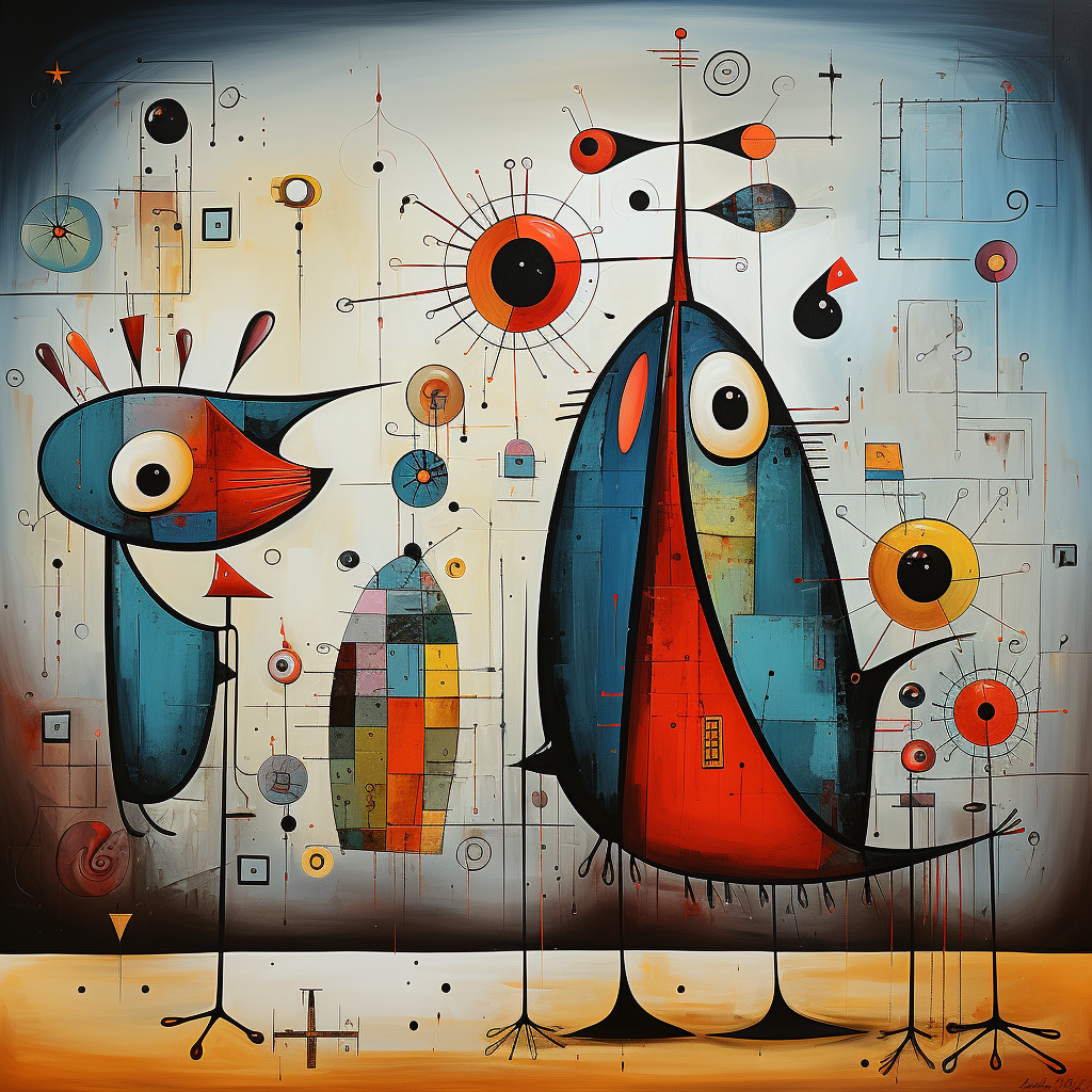 Midjourney prompt: surrealist painting by Joan Miro, abstract shapes,... - Midjourney