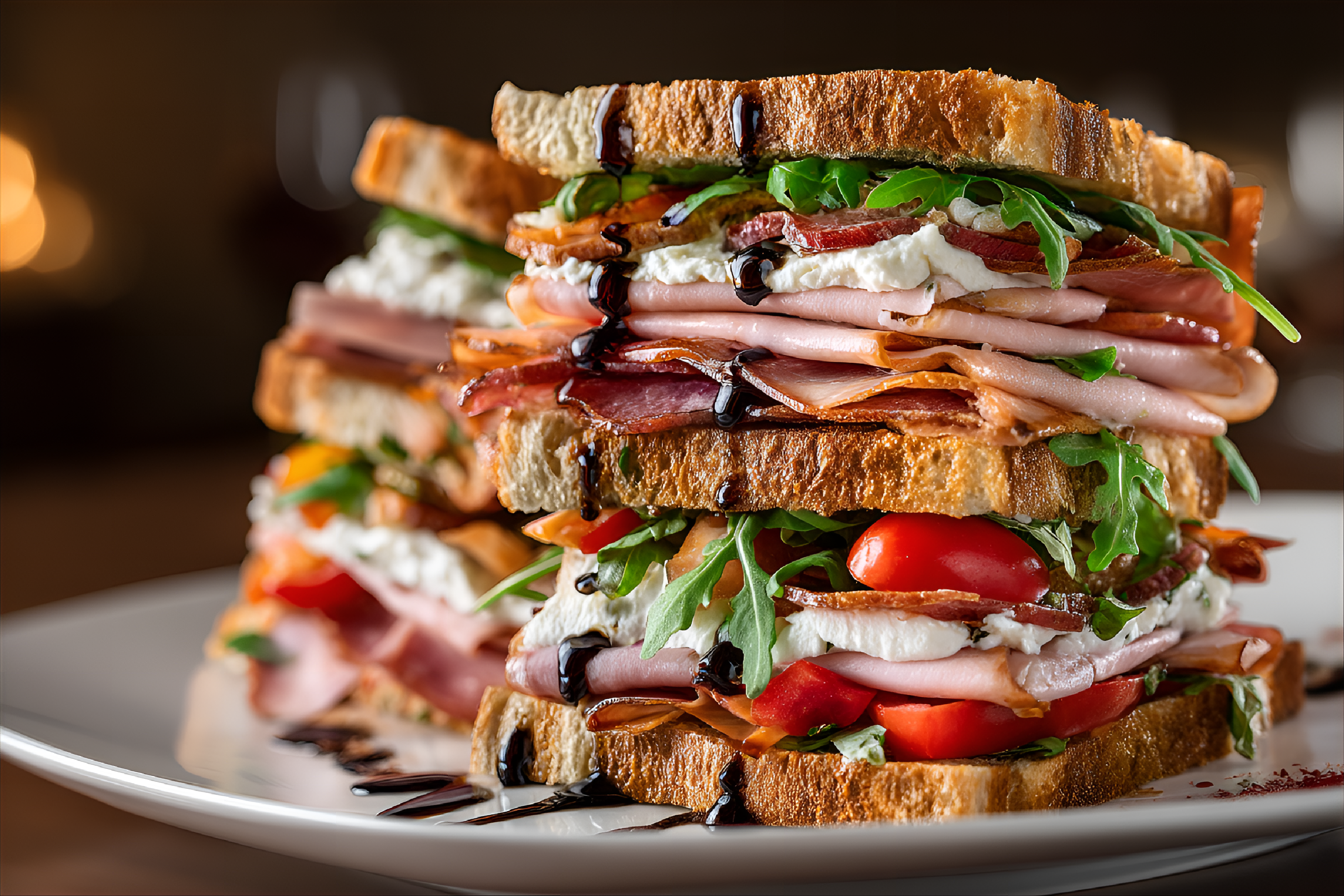 AI generated: Midjourney prompt: towering stack of layered sandwiches takes center ... (Midjourney - Concept Art)