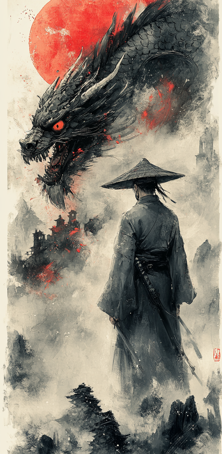 AI generated: Midjourney prompt: japanese samurai in front of a dragon, in the styl... (Midjourney - Portraits)