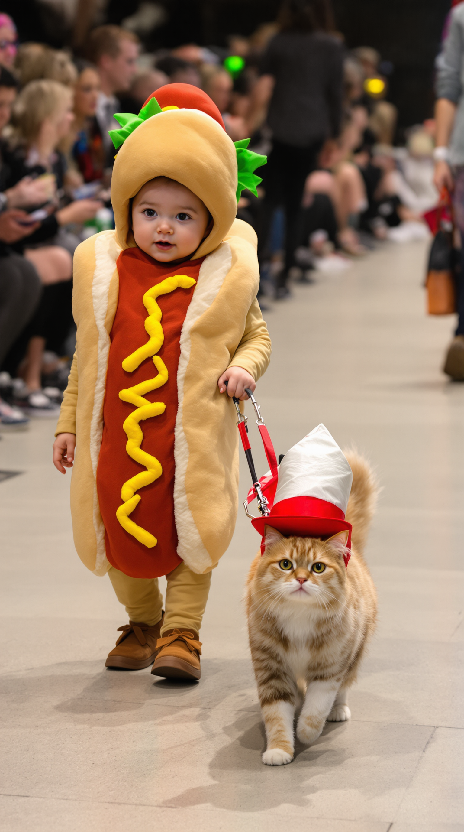AI generated: FLUX prompt: A baby dressed in a costume of hotdog leads a pet ... (FLUX - Fashion)