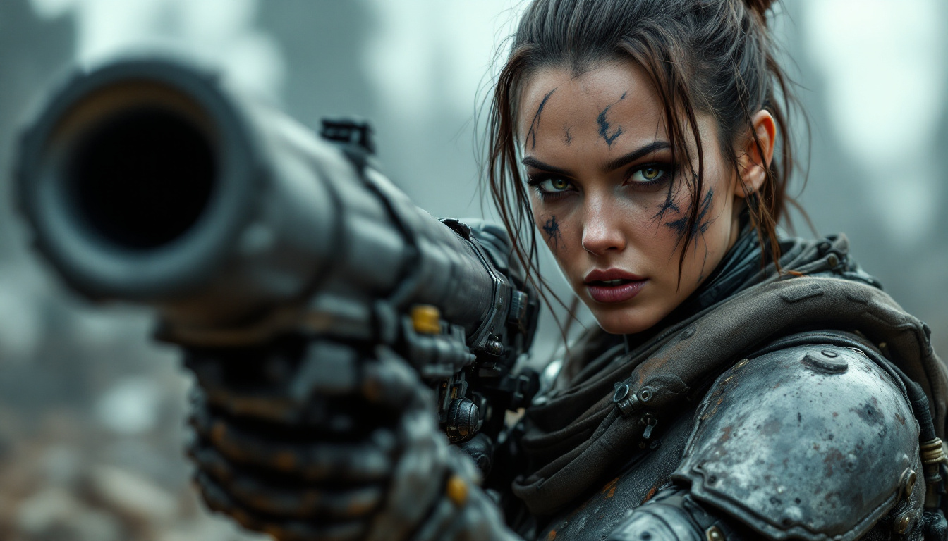FLUX prompt: woman, cyborg, ((scars on face)), holds a large bl... - FLUX